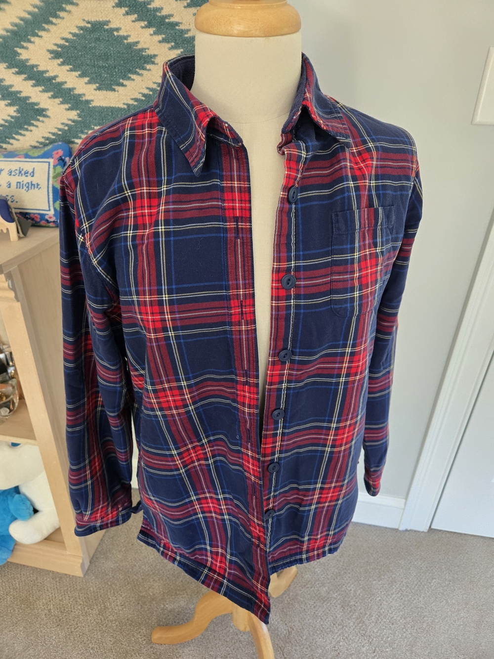 L.L. Bean Red Blue Plaid Button-Down Shirt Shacket Size Small Fleece